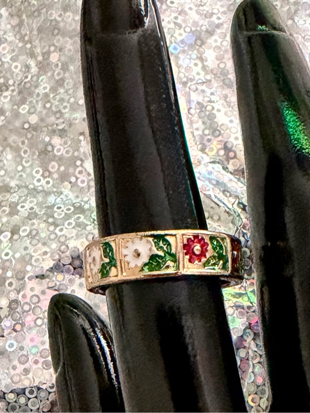 Vintage Style Gold Plated Floral Ring 🌸 Retro Cloisonné Flower Stacking Band